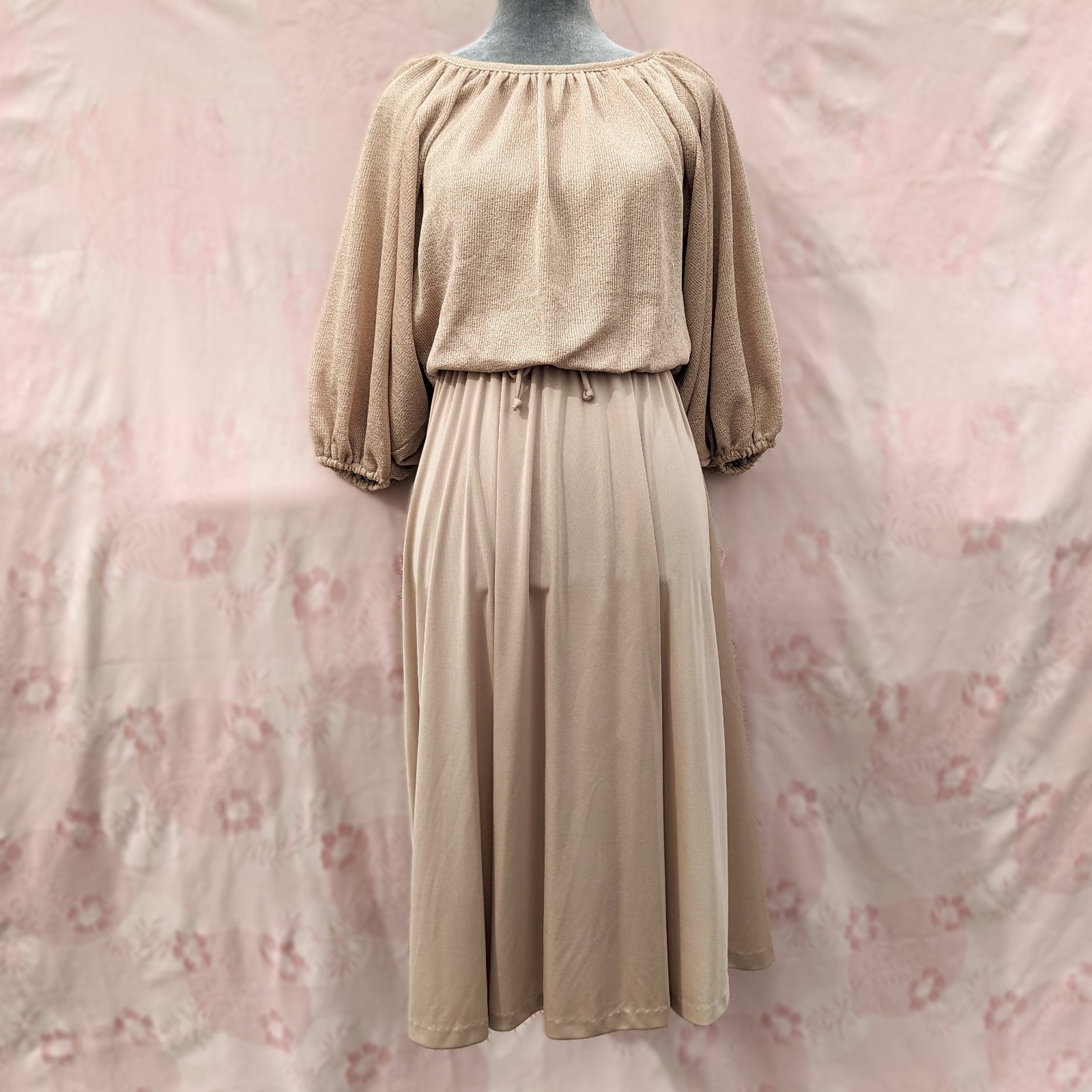 Vtg 70s Vicky Vaughn Jersey Midi Dress S/M Champagne Knit Balloon Sleeve Disco